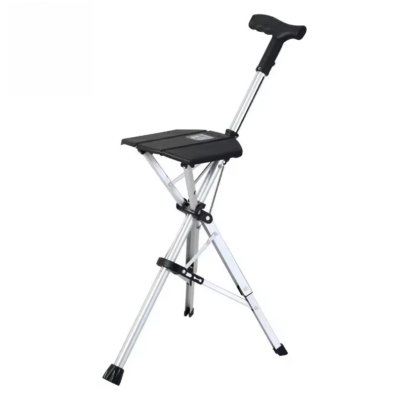 Portable Electric Tripod Cane with Chair Foldable Walking Aid for Elderly Mobility Support