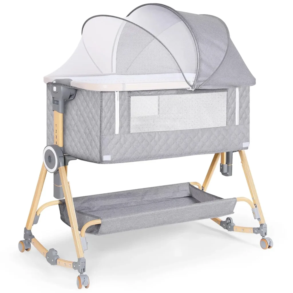 Baby Bassinet 5 in 1,Baby Bedside Bassinet with Diaper Table, Mosquito Net, Mattress, Storage Layer, Can Be Stored in One Button