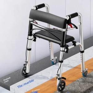 Elderly Rollator Walker with Seat Foldable Mobility Aid for Seniors Leather Backrest Four Wheels Easy to Push and Sit Stable