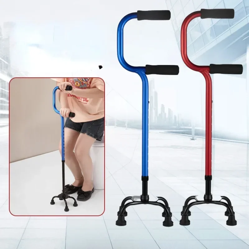 Double Curved Handrails Design Four-legged Crutches for Adults , Non-slip Four-corner Walking Stick,Get Up Walkers for Elderly